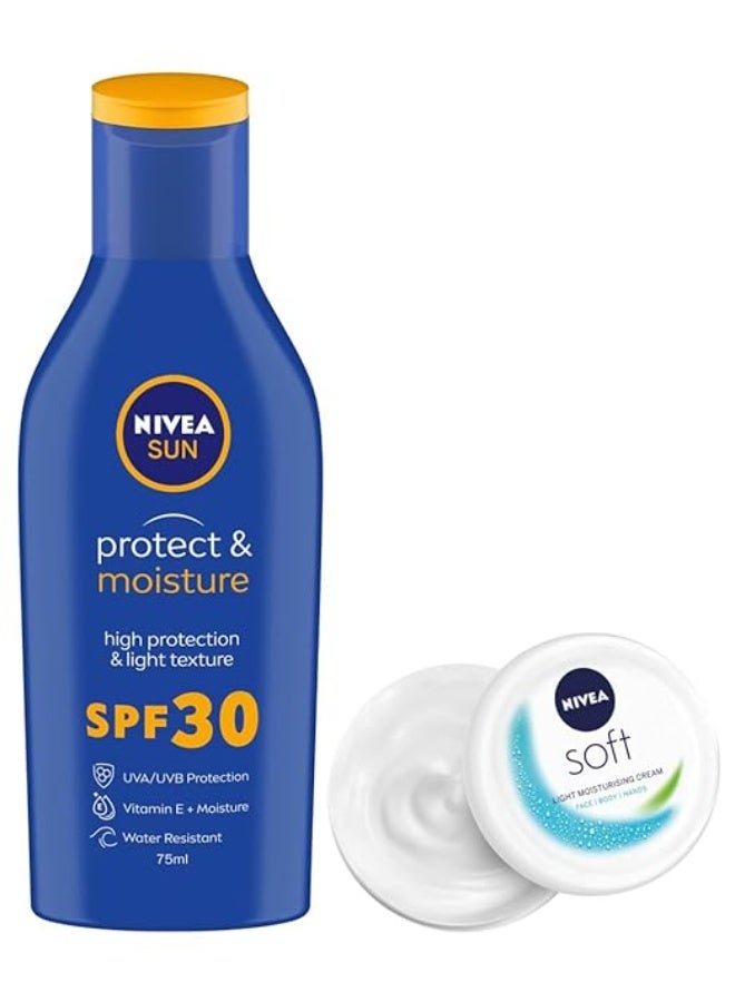 Nivea Sun Lotion, Spf 30, Water Resistant Sunscreen, All Skin Type For Men & Women, 75Ml & Soft Light Moisturizer For Face, Hand & Body, Non-Greasy Cream With Vitamin E & Jojoba Oil, 200 Ml